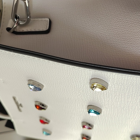 🤍 Karl Lagerfeld Paris White Leather Satchel Purse. Rainbow Heart Jewels. NWT! - Picture 3 of 16